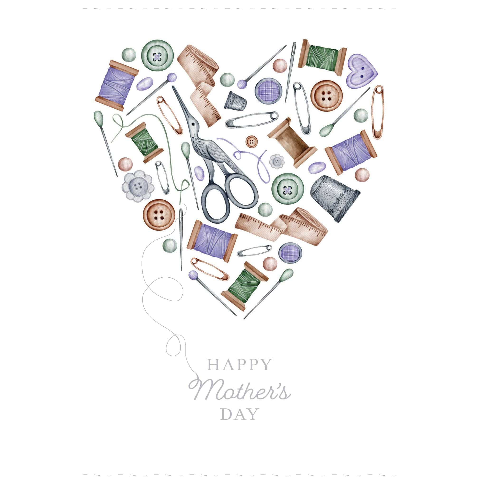 Pictura Sewing Heart Mother's Day card featuring a stitched heart design on a white background with floral accents.